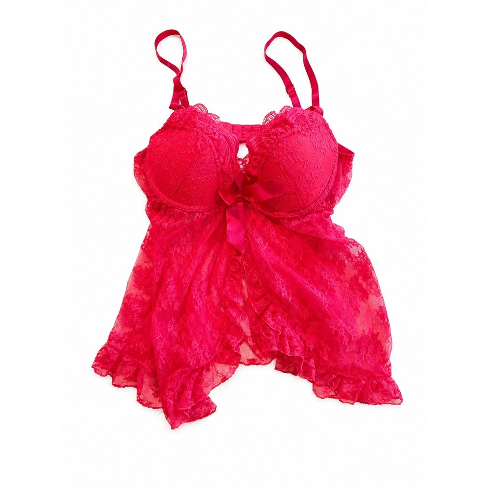 H&M Red Pink Lace Babydoll Chemise Underwire Push-Up Padded Cups US 10 Lingerie